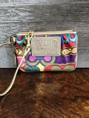 Coach Poppy Multicolor Graffiti Print Satin Gold Accent Wallet Or Wristlet
